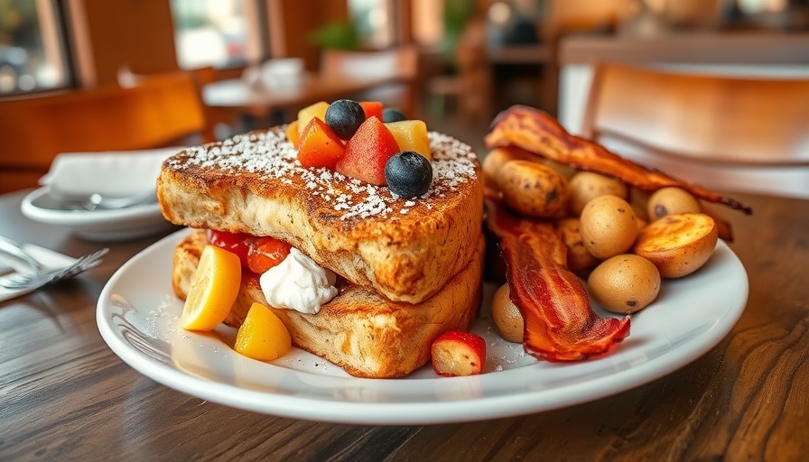 Delicious breakfast at Fresno restaurant with French toast, bacon, and fruit.
