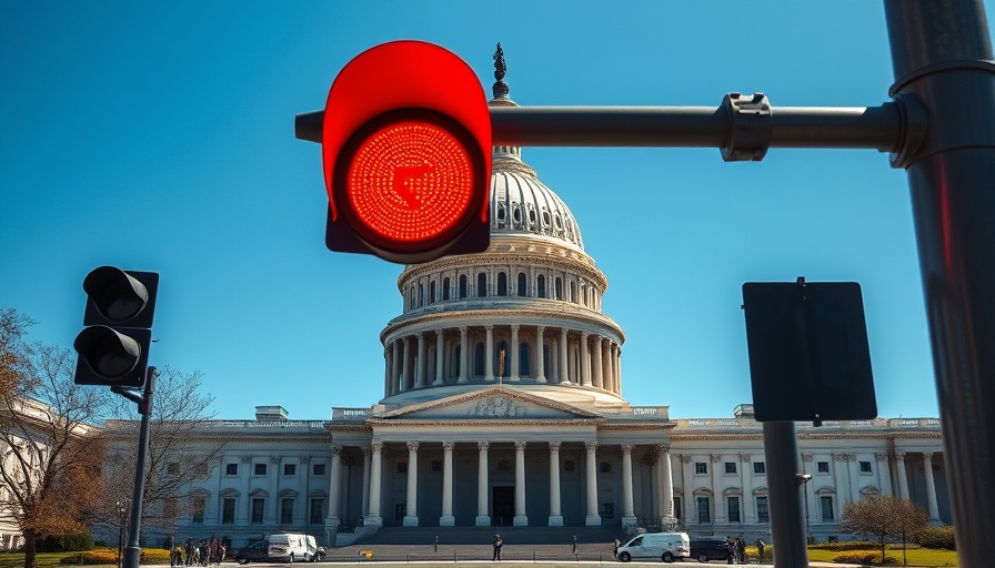US Capitol framed through red light during government shutdown, DOGE employees context.