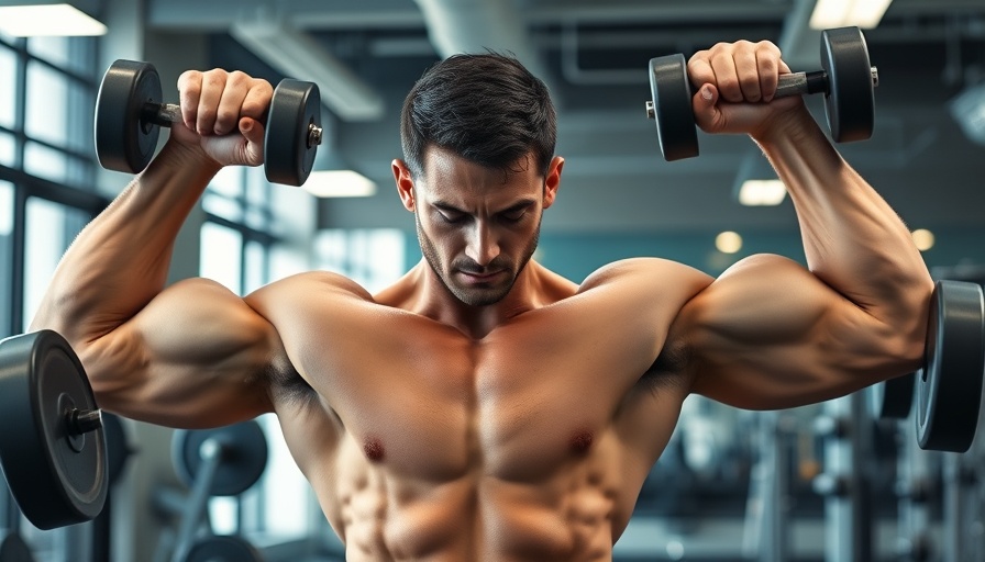 Muscular man demonstrating shoulder training techniques in gym.