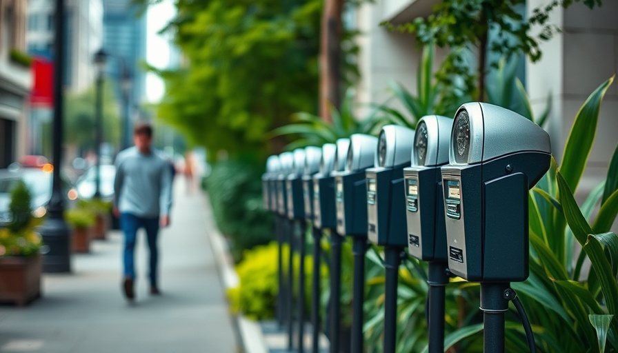 Parking meters on LA sidewalk amidst greenery for city council rate update.