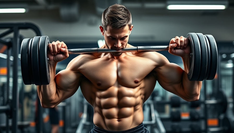 Muscular man demonstrates shoulder workout in gym.