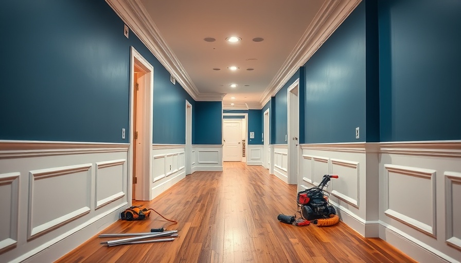 Hallway under construction with blue walls and wainscoting challenges.