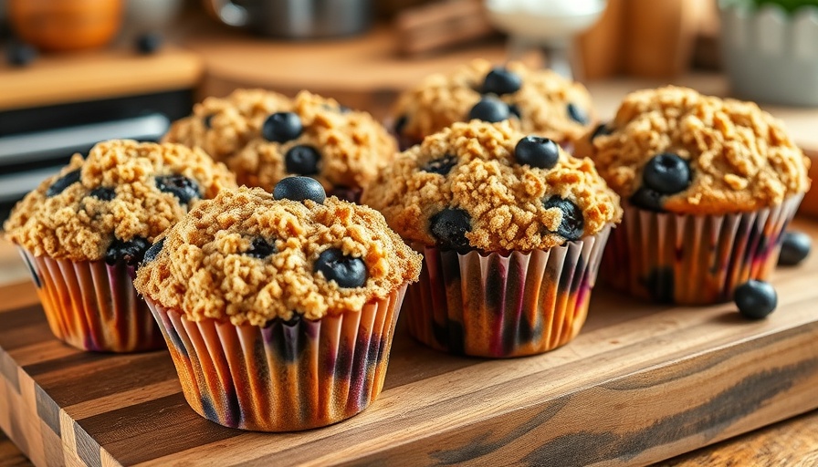 Bakery-style blueberry muffins with crumb topping on wooden board.
