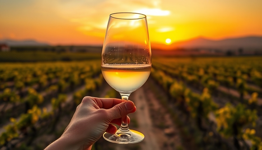 Wine glass in Valle de Guadalupe vineyard at sunset.