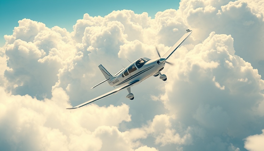 Small airplane flying over Long Beach with bright clouds in clear sky.