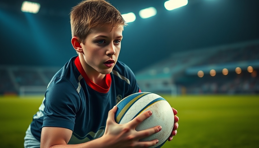 Youth rugby player in Fresno holding a rugby ball at night.