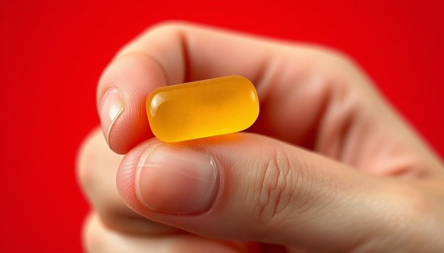 Hand holding yellow gummy on red background highlights creatine gummies effectiveness.