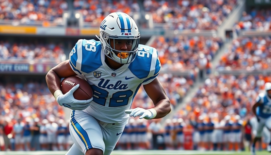 UCLA football player advances with ball, intense game action.