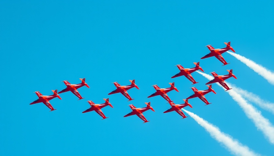 Nine red and white planes at a Pacific Airshow without U.S. military