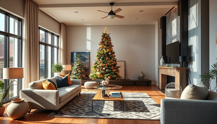 Affordable home decor in a modern living room with Christmas tree.