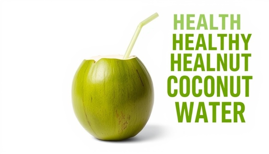 Health benefits of coconut water text with coconut and straw.