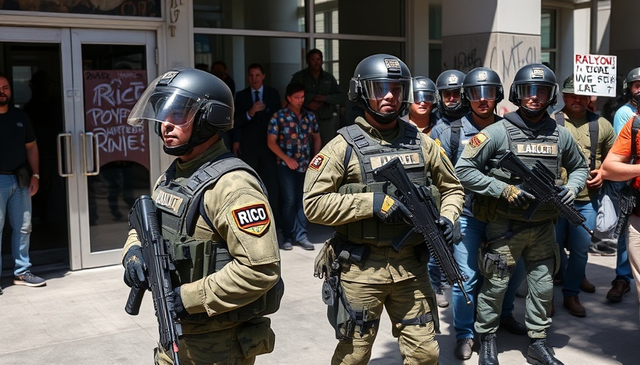 California National Guard soldiers with shields during public protest.