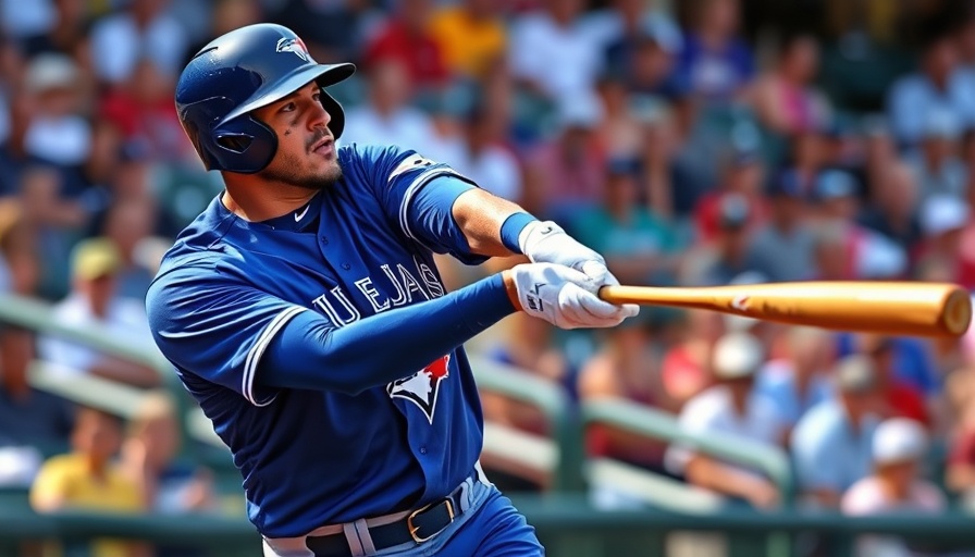 Baseball player in Blue Jays uniform swinging bat during postseason game.