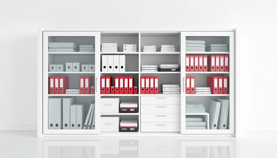 Small bedroom storage cabinet filled with binders, pre-organized.