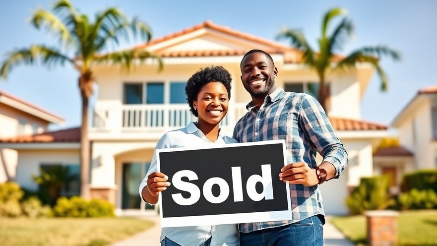 Diverse couple celebrating their new San Diego home for sale with a 'Sold' sign.