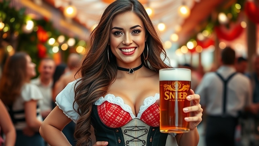 Oktoberfest celebration: woman in traditional dress carrying 8 beer steins at community events in Encinitas.