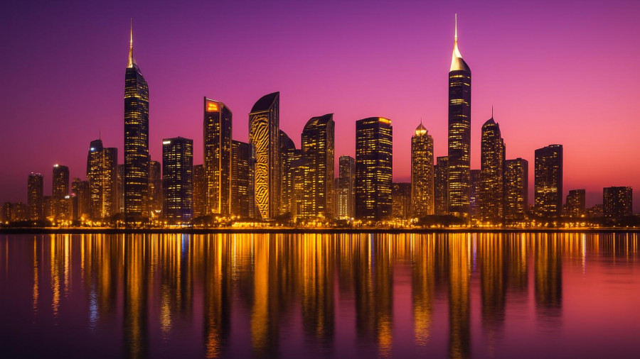 Modern skyline at twilight along the Texas coast.