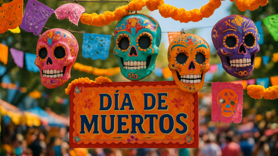 Colorful Dia De Los Muertos decoration at San Antonio festival.