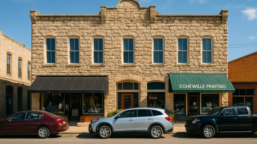 Stone building in Stephenville Texas under sunny sky, featuring small businesses.