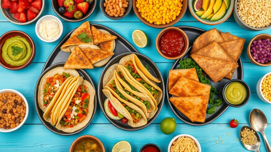 South Texas culinary spread with tacos and fresh fruits on turquoise table.