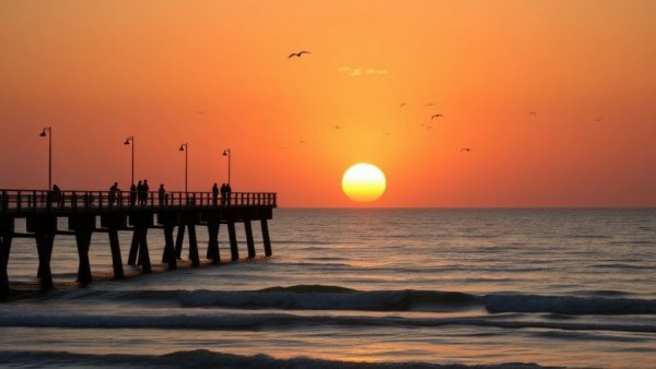Serene Port Aransas sunset with ocean and pier, winter fun.