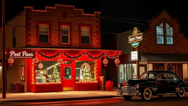 Quaint Texas Christmas town street with festive lights and vintage car.