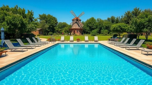 Luxury glamping site near Houston with outdoor pool and windmill.