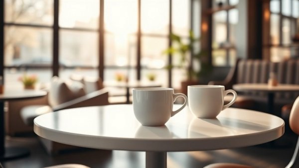Modern San Antonio coffee shop interior with white cups on table.