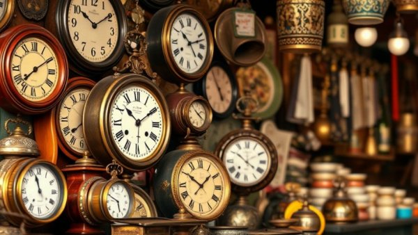 Round Top Texas Antiques: Vintage clocks and gramophone on display.