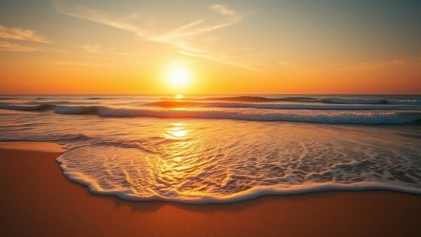 Golden sunset on the Texas Coast with gentle waves.