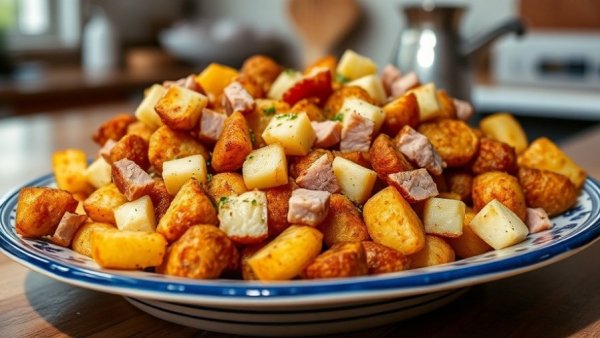 Fried Potatoes O'Brien with Ham on ornate blue plate.