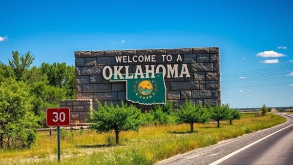 Oklahoma state welcome sign under clear blue skies.