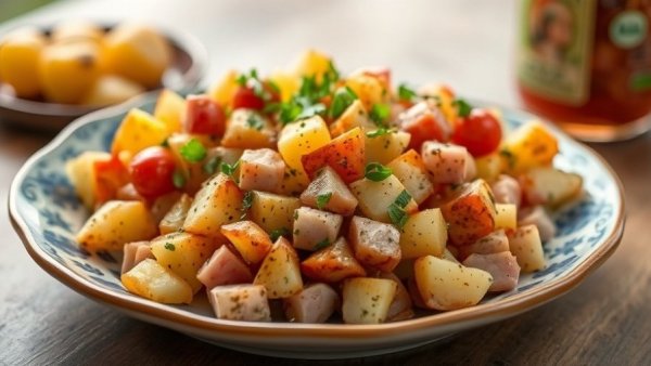 Fried potatoes with ham on vintage plate, tasty and savory meal.