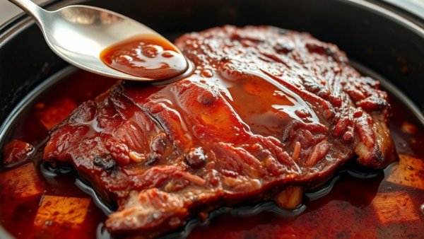Juicy Texas barbecue brisket in roasting pan.