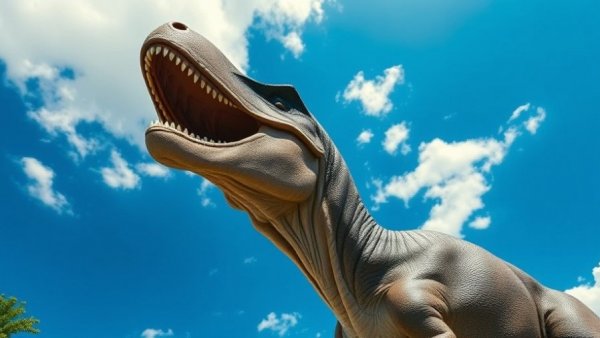 Massive dinosaur sculpture against a blue sky with fluffy clouds.