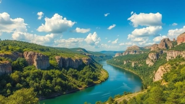 Frio River flowing through limestone canyons under blue sky.