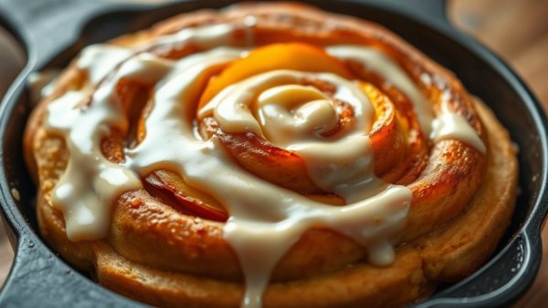 Peach cinnamon roll bake recipe with icing in a skillet.