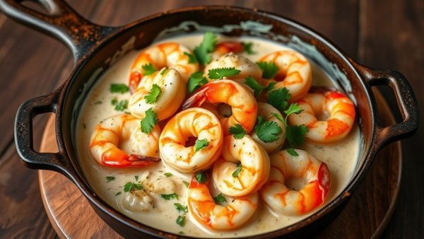Creamy shrimp poblano recipe in a skillet with sauce and cheese.