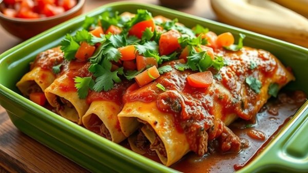 Brisket enchiladas garnished with salsa and cilantro in a green dish.
