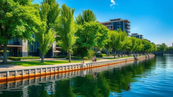 Scenic Houston waterfront with modern apartments and lush greenery.