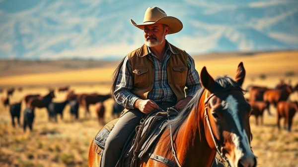 Man in cowboy attire riding horse on ranch with cattle, highlighting beef industry.