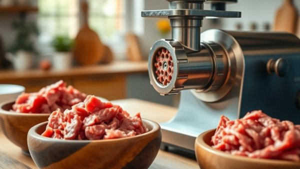 Grinding brisket for burgers in a cozy kitchen with natural lighting.