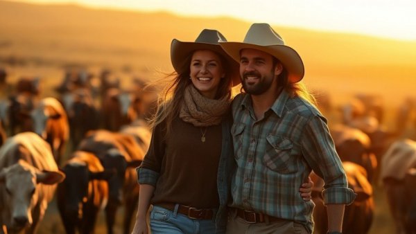 Lyssy Beefmasters Texas ranch couple among cattle at sunset.