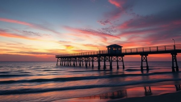 Galveston pier at sunset reflecting family fun atmosphere