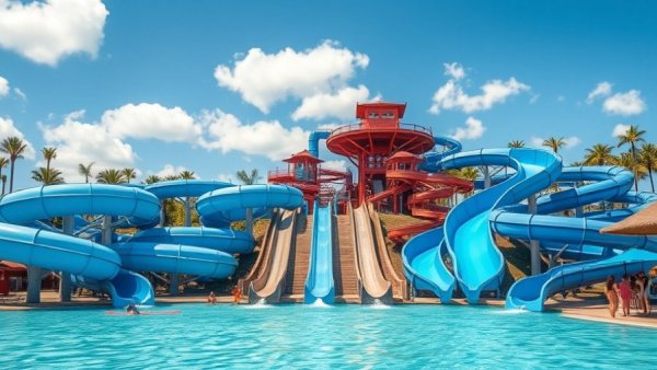 Vibrant waterpark with blue slides at a Swimming Spot in Dallas Fort Worth.