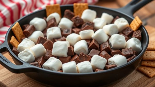 S'mores Dip Recipe: Marshmallows and chocolate in skillet.