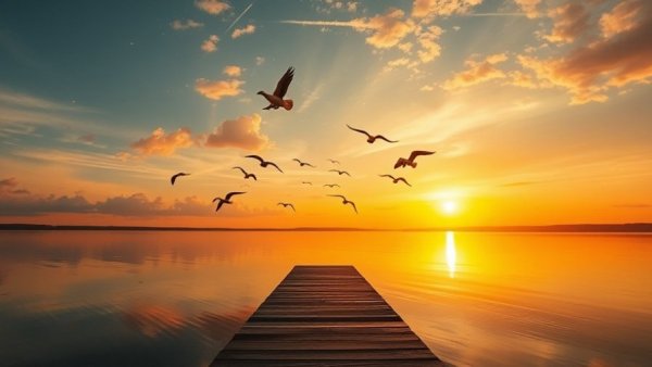 Serene sunset at Lake Whitney with dock and flying birds.