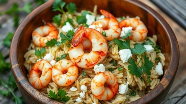 Grilled Shrimp Orzo Salad Recipe in a wooden bowl with herbs and feta.