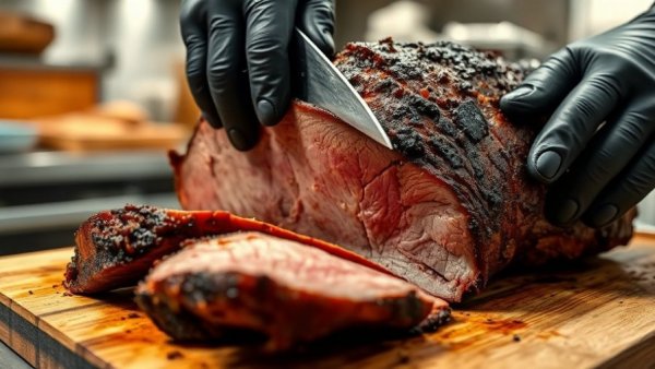 Sliced smoked brisket being cut on wooden board in kitchen.