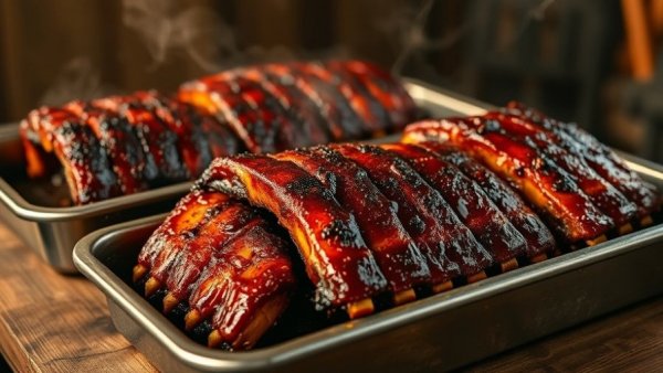 Appetizing smoked party ribs in trays on a rustic table.